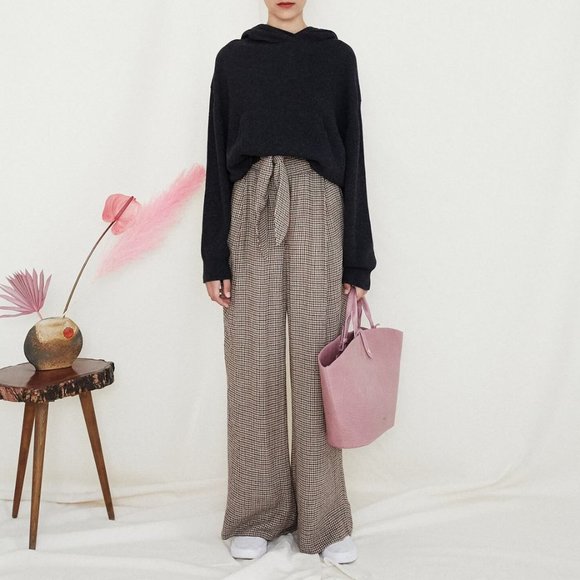 Nanushka Private Pant Houndstooth Check Wide Leg Smocked Waist J25 - Picture 2 of 11